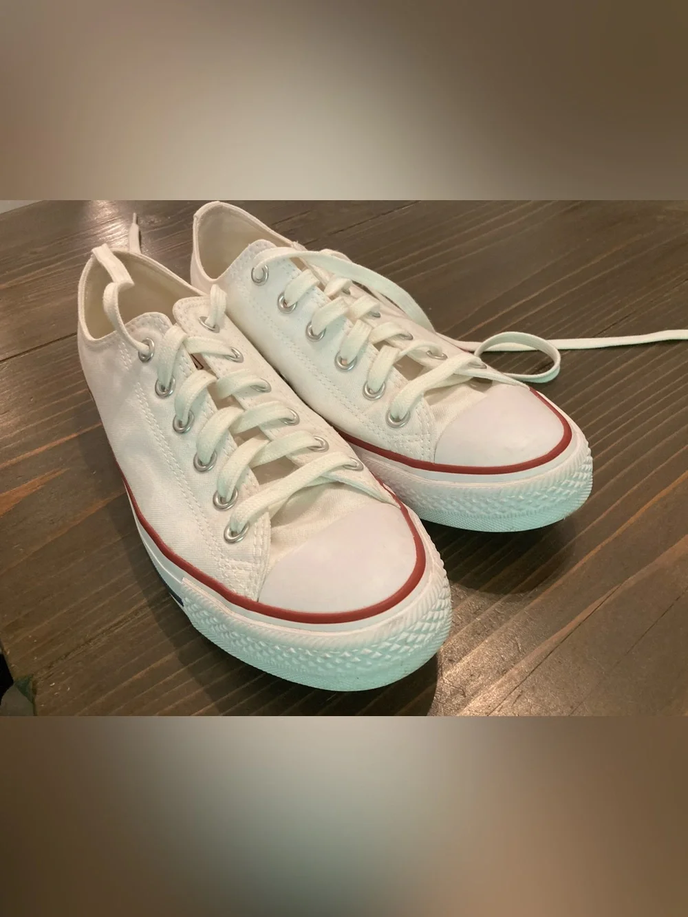 Classic Ivory Converse Canvas Sneakers with Red and Blue Trim - Picture 2 of 6